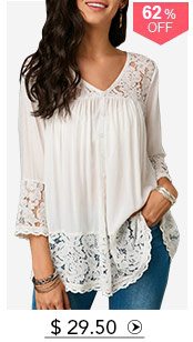 Button Up Lace Patchwork White Blouse