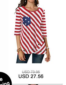 Three Quarter Sleeve Flag Print Red T Shirt