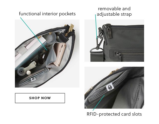 Functional pockets, adjustable strap, and rfid protected card slots