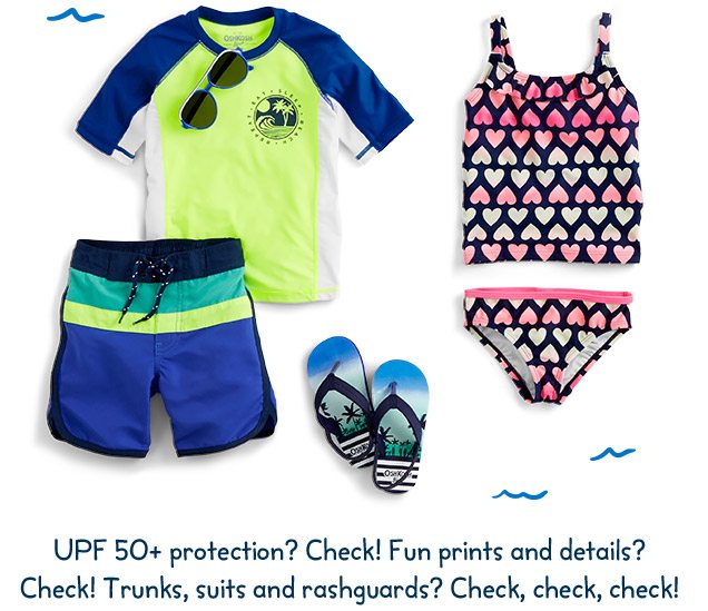 UPF 50+ protection? Check! Fun prints and details? Check! Trunks, suits and rashguards? Check, check, check!