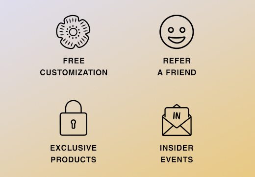 Insider Rewards. Free Customization, Refer A Friend, Exclusive Products, Insider Events...