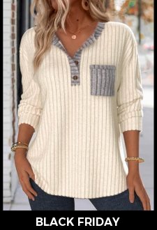 ROTITA Button Beige Split Neck Long Sleeve Sweatshirt