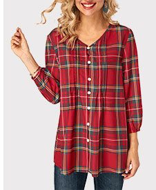 V Neck Plaid Print Button Up Blouse