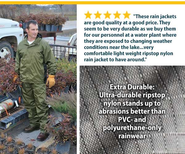 "These rain jackets are good quality at a good price. They seem to be very durable as we buy them for our personnel at a water plant where they are exposed to changing weather conditions near the lake...very comfortable light weight ripstop nylon rain jacket to have around."