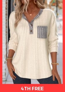 Beige Button Long Sleeve Split Neck Sweatshirt