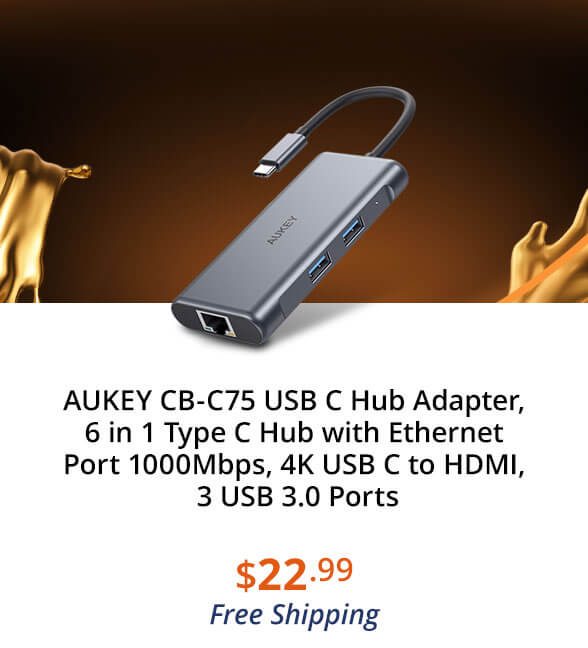 AUKEY CB-C75 USB C Hub Adapter, 6 in 1 Type C Hub with Ethernet Port 1000Mbps, 4K USB C to HDMI, 3 USB 3.0 Ports
