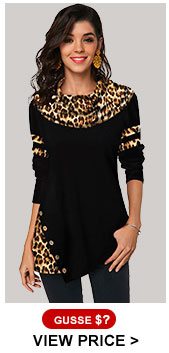 Leopard Print Button Detail Long Sleeve T Shirt 