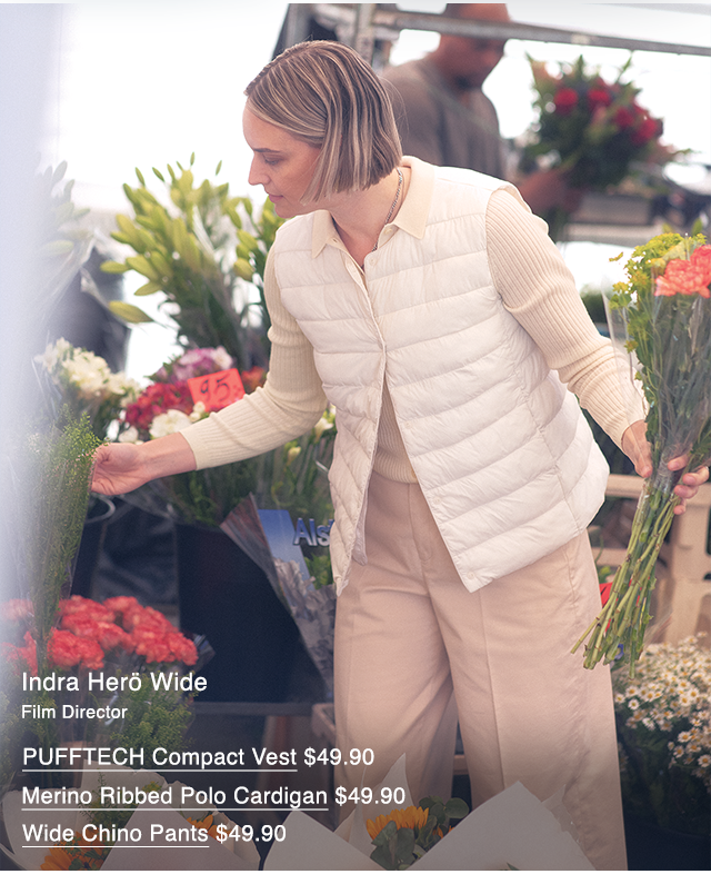 PDP 3 - WOMEN PUFFTECH COMPACT VEST, MERINO RIBBED POLO CARDIGAN, AND WIDE CHINO PANTS