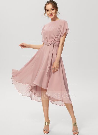 A-Line Scoop Neck Asymmetrical Chiffon Cocktail Dress With R...