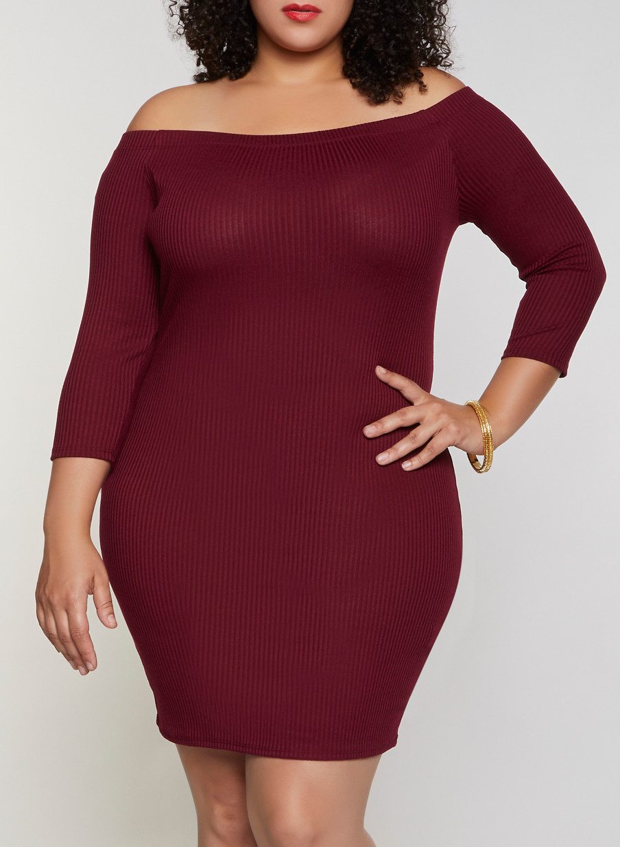 Plus Size Ribbed Off the Shoulder Bodycon Dress