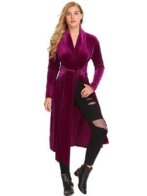 Rose Purple Women Casual Wrap Split V Neck Long Sleeve Lace Up Waist Velvet Jacket