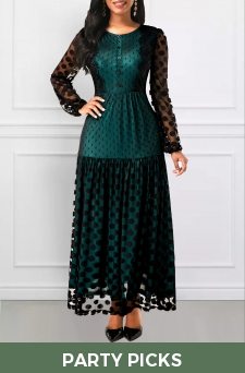 Polka Dot Button Blackish Green Long Sleeve Dress