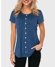 Button Up Crinkle Chest Navy Blue T Shirt