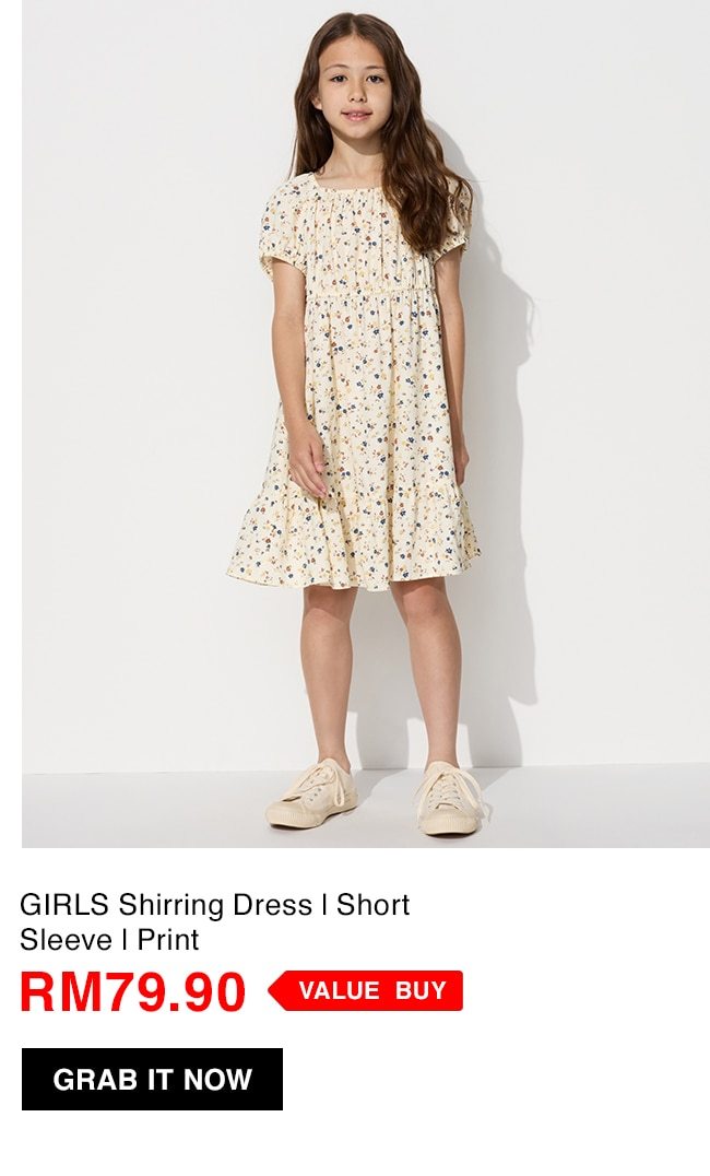 GIRLS Shirring Dress | Short Sleeve | Print