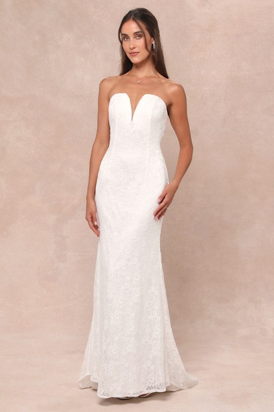 Image of Gorgeous Love White Lace Strapless Mermaid Maxi Dress