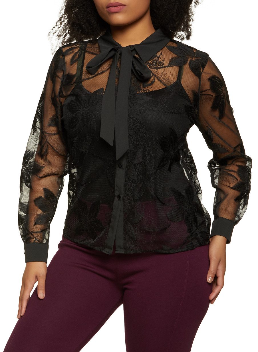 Plus Size Embroidered Mesh Shirt