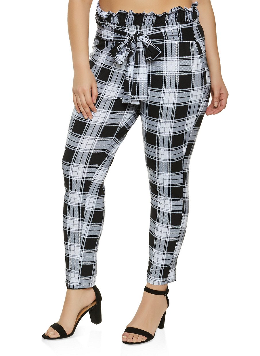 Plus Size Plaid Paper Bag Waist Pants