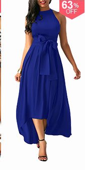 Royal Blue Cardigan and Belted Asymmetric Hem Dress