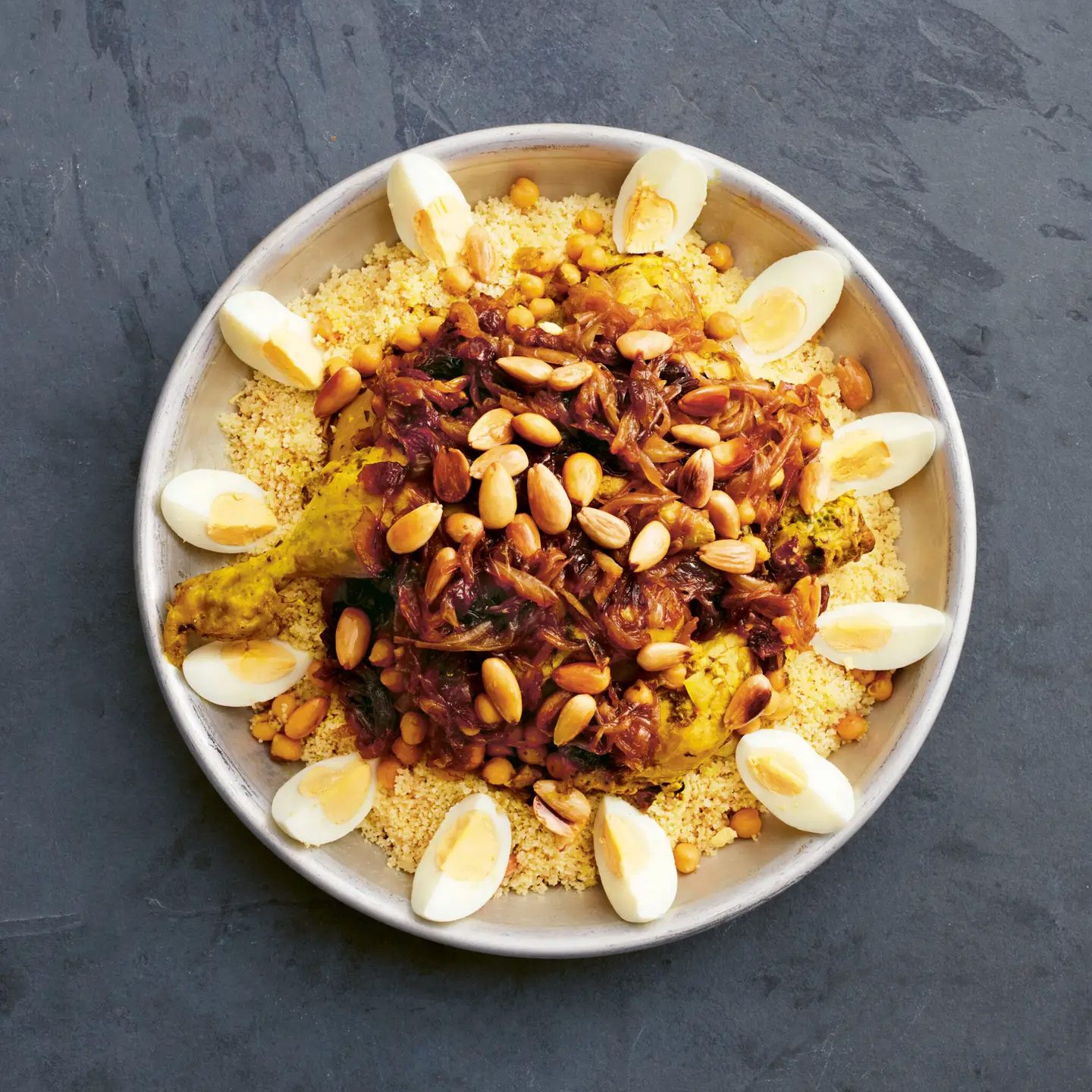 Chicken Couscous with Caramelized Onion and Raisin Tfaya