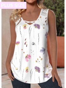 ROTITA Plus Size Lace White Floral Print Sleeveless Tank Top