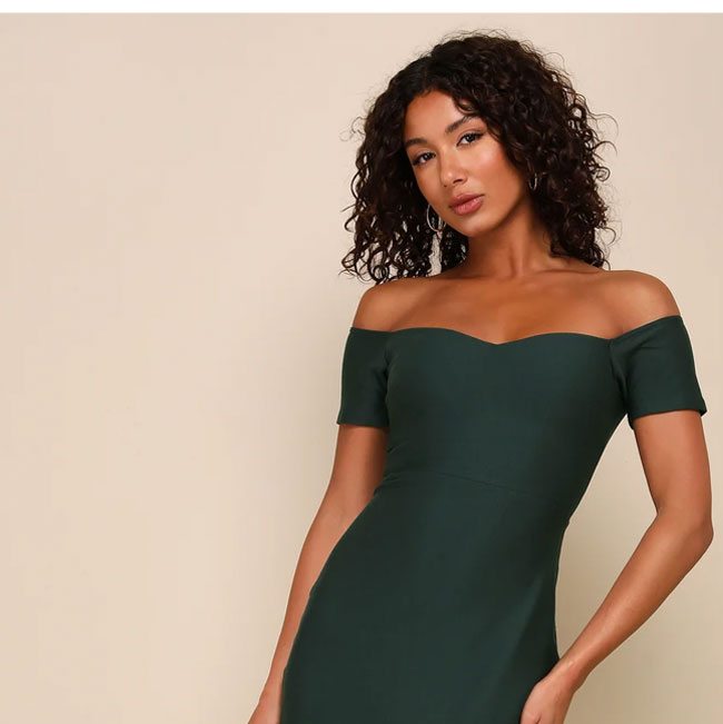 Image of How Much I Care Dark Green Off The Shoulder Midi Dress