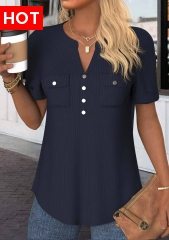 Navy Button Short Sleeve Split Neck Blouse