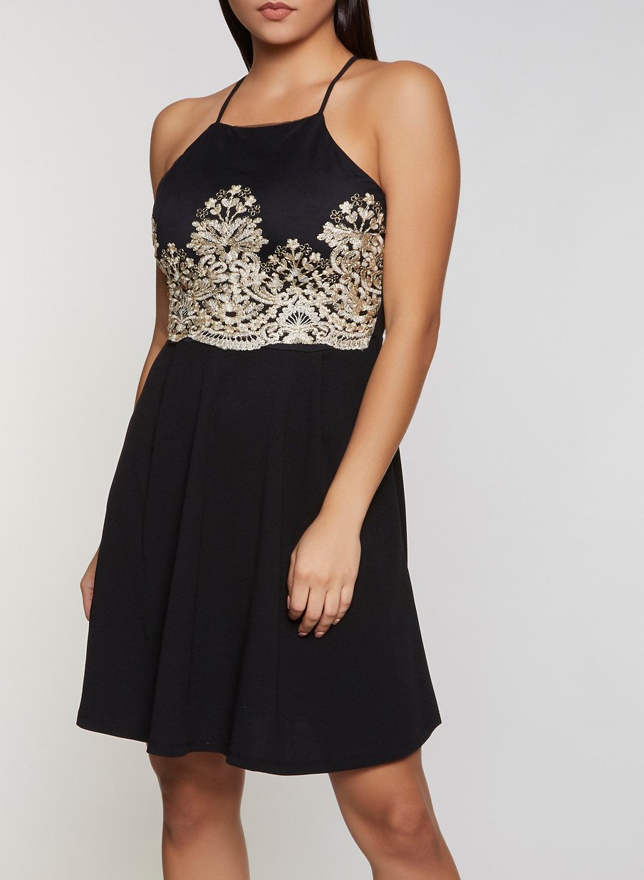 Embroidered Crochet Detail Skater Dress