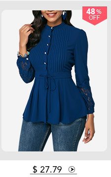 Lace Panel Crinkle Chest Navy Blue Peplum Blouse