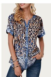 Leopard Print Split Neck Button Front Blouse