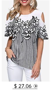 Cold Shoulder Flower Print Striped Blouse