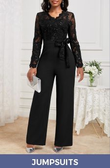 Lace Belted Black Long V Neck Jumpsuit