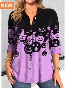 ROTITA Button Halloween Print Purple Shirt Collar Blouse