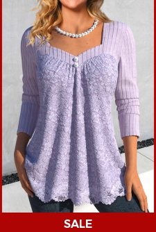 ROTITA Lace Light Purple Heart Collar Long Sleeve T Shirt