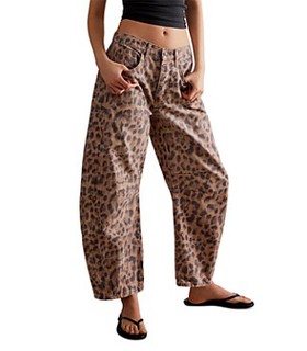 Free People We The Free Good Luck Leopard Barrel Leg Jeans in Brown Sugar