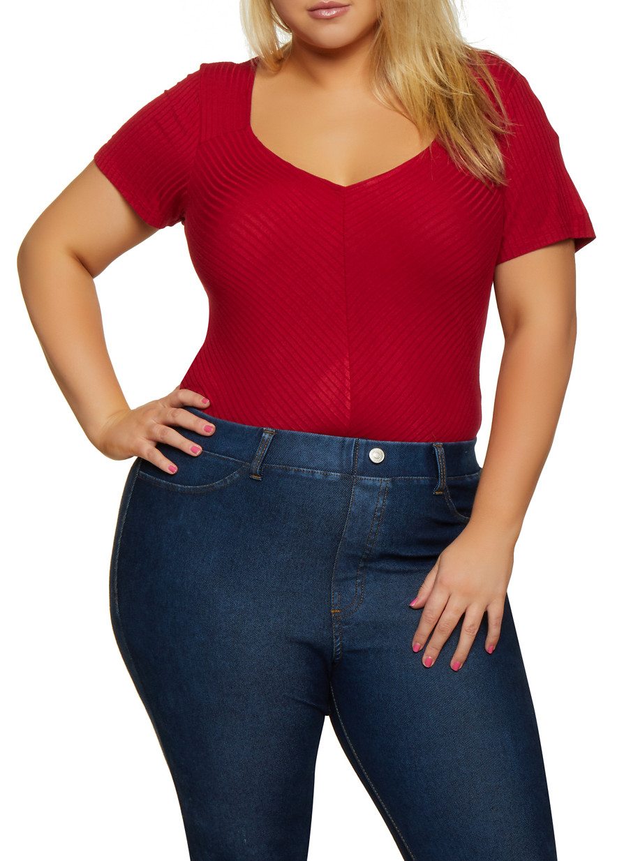 Plus Size Rib Knit T Shirt Bodysuit