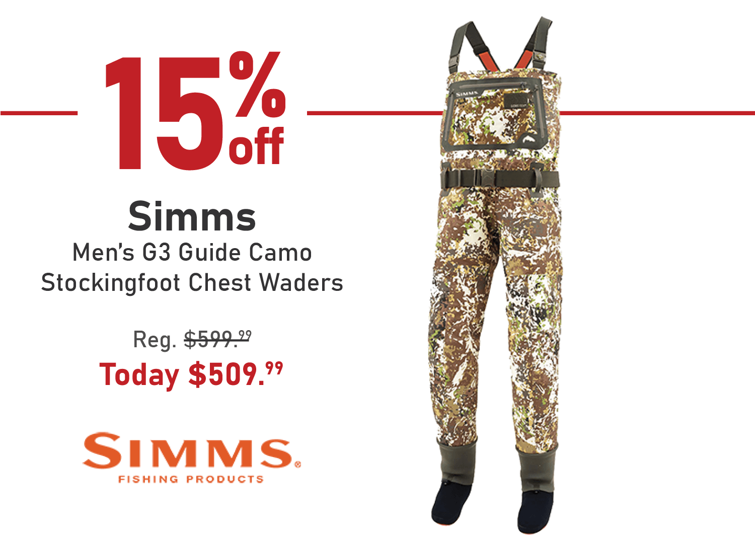 Save 15% on the Simms Men's G3 Guide Camo Stockingfoot Chest Waders
