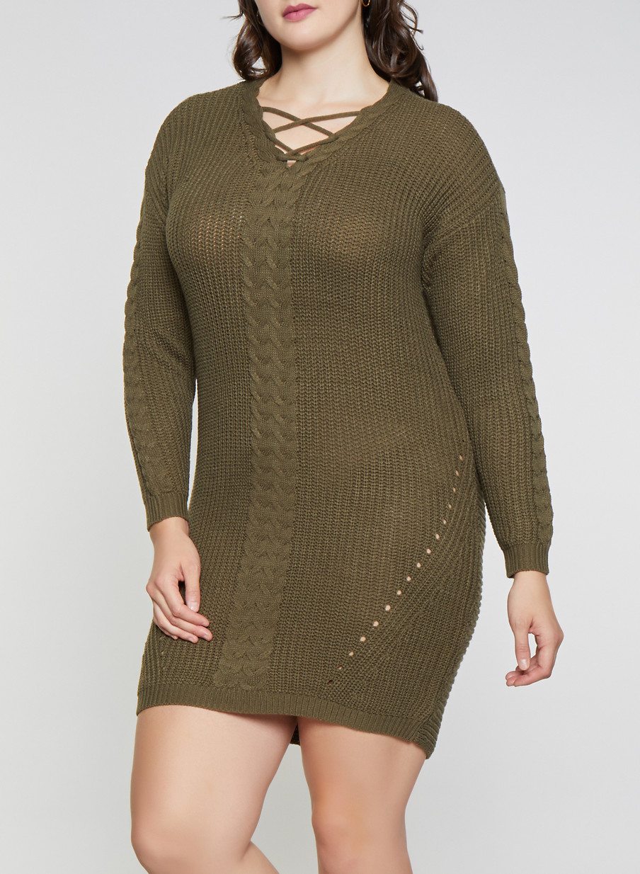 Plus Size Lace Up Knit Sweater Dress