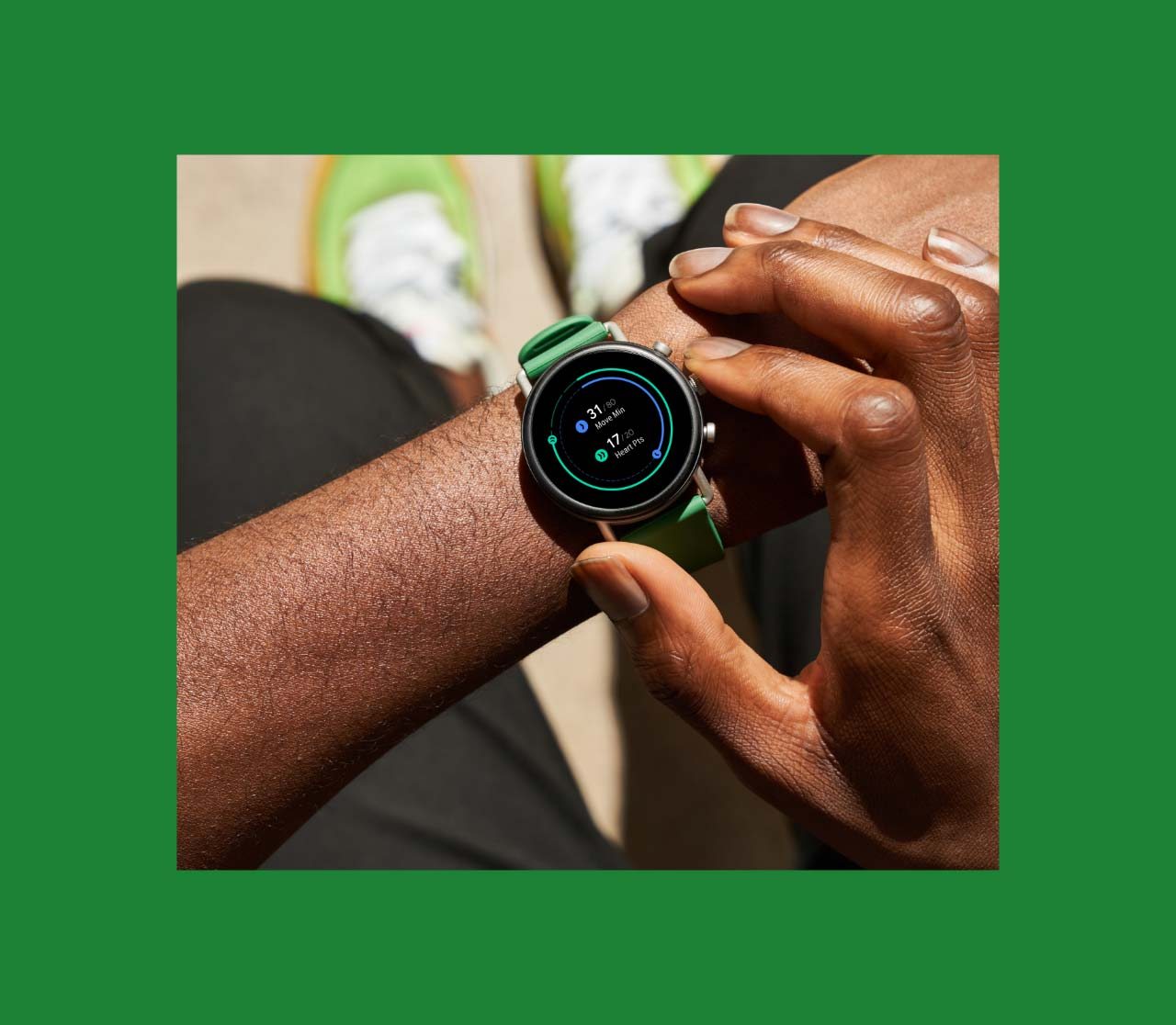 Falster Watch with green Strap displaying Google Fit feature
