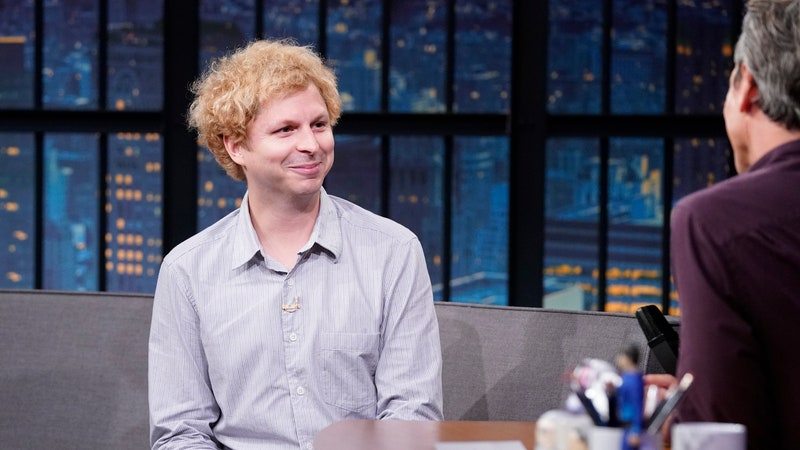 LATE NIGHT WITH SETH MEYERS -- Episode 1542 -- Pictured: (l-r) Actor Michael Cera during an interview with host Seth Meyers on July 17, 2024 -- (Photo by: Lloyd Bishop/NBC via Getty Images)