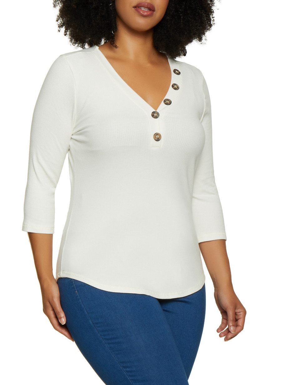 Plus Size Ribbed Button Detail Top