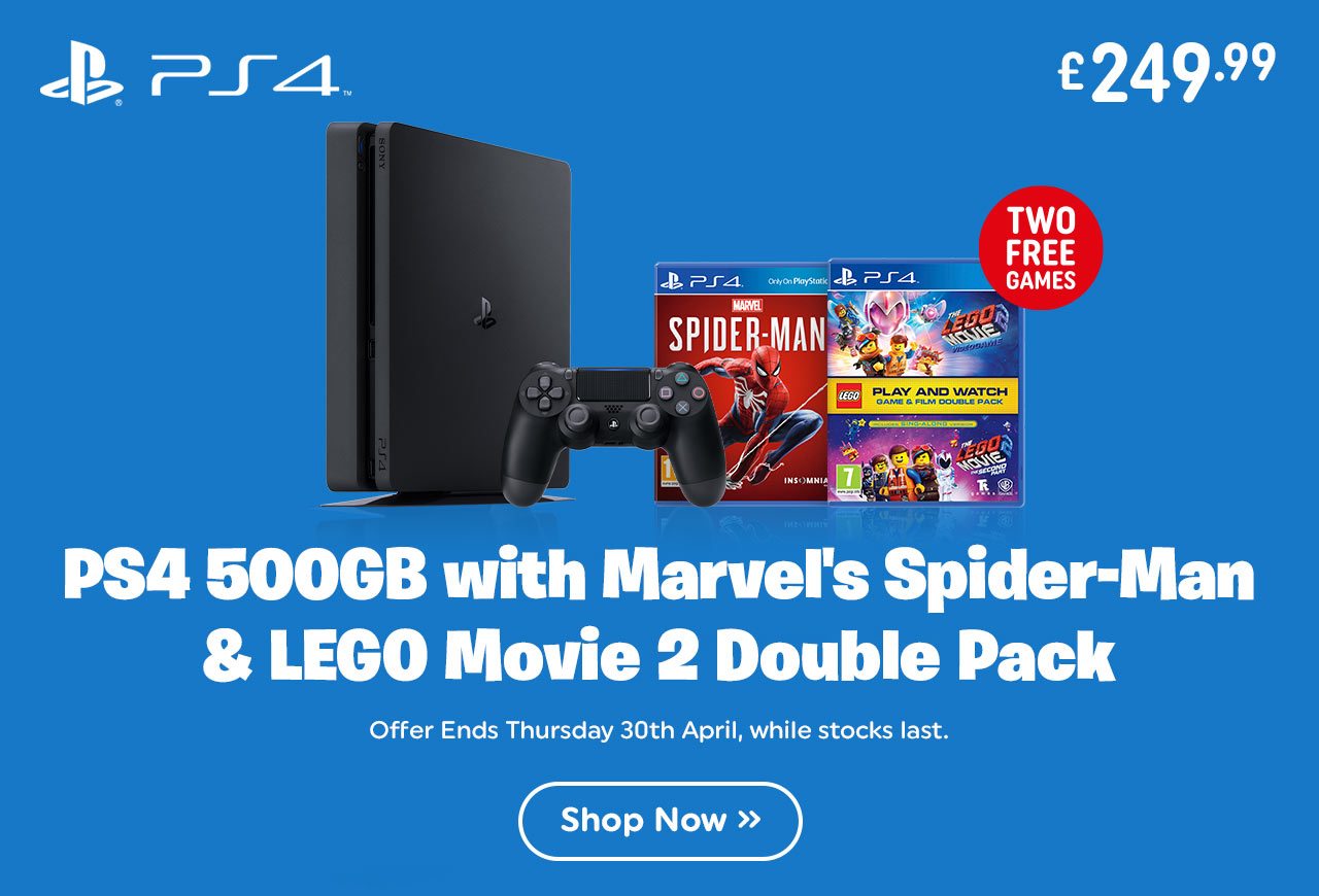 PS4 500GB Black Console with Marvel's Spider-Man & LEGO Movie 2 Double Pack Bundle
