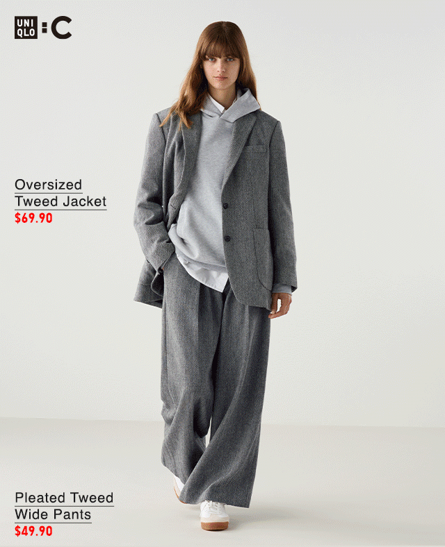 HERO 1 - WOMEN OVERSIZED TWEED JACKET, WOMEN PLEATED TWEED WIDE PANTS, BORADCLOTH OVERSIZED SHIRT. AND WIDE PARACHUTE DENIM PANTS