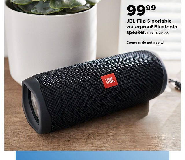 99.99 JBL flip 5 portable waterproof bluetooth speaker. shop now.