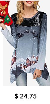 Asymmetric Hem Sequin Embellished Christmas Print T Shirt