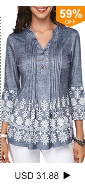 Button Detail Split Neck Printed Pleated Blouse