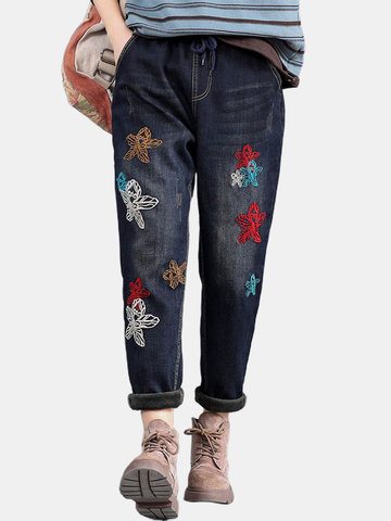 Vintage Floral Embroidered Drawstring Jeans