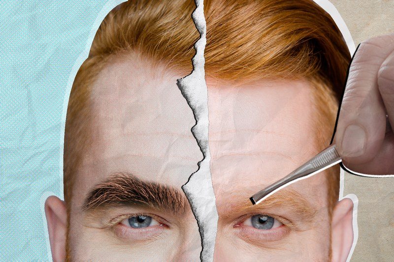 Guy with Bushy Eyebrows on the left, split with a guy with groomed eyebrows