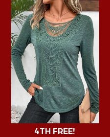 ROTITA Lace Sage Green Round Neck Long Sleeve T Shirt