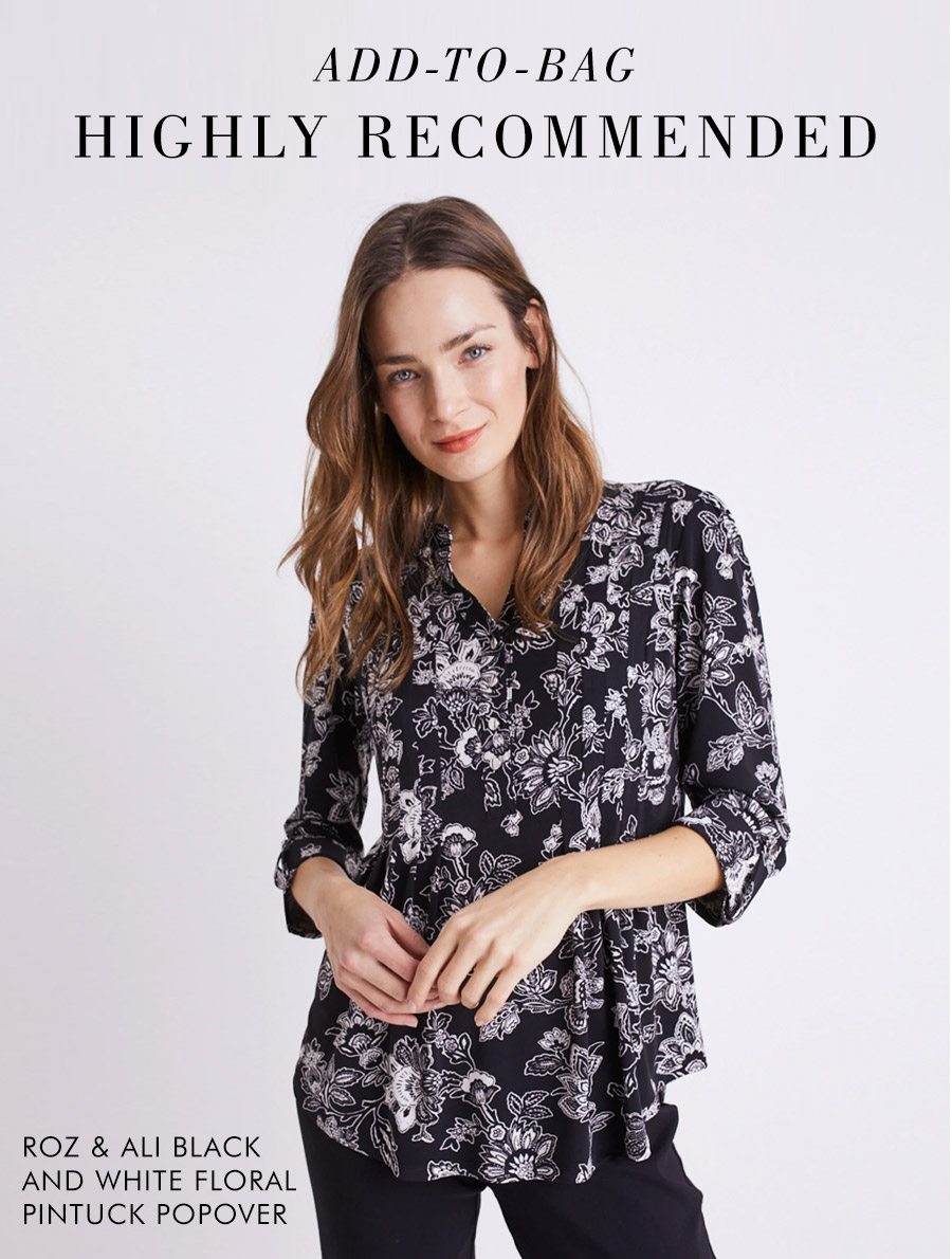 SHOP ROZ & ALI BLACK AND WHITE FLORAL PINTUCK POPOVER