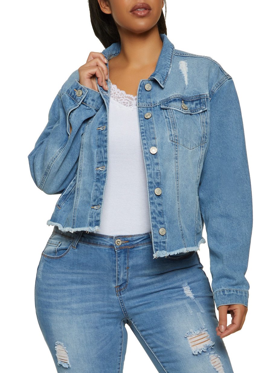 Plus Size WAX Frayed Hem Denim Jacket